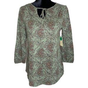 St Johns Bay Green Paisley Print Tunic Top 3/4 Sleeve Keyhole Tie Neckline Women